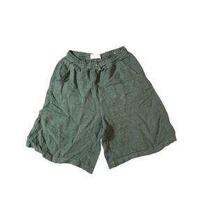 Zara Size 13-14 Green 100% Linen Shorts Stretch Tie Waist 8" Pockets Lightweight